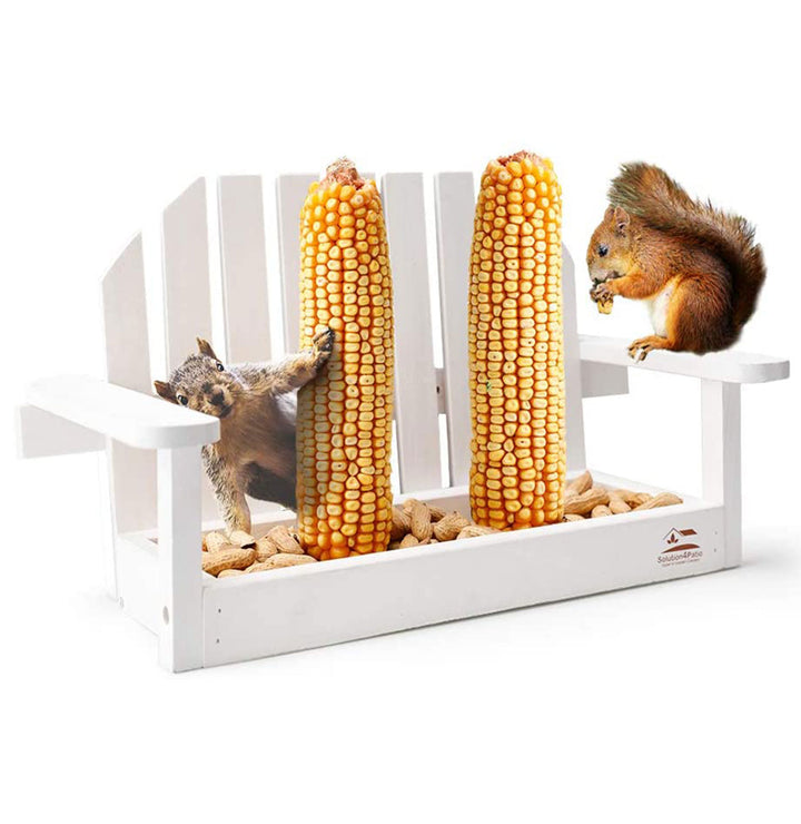 Solution4Patio White Bench Chair Chipmunk & Squirrel Feeders, Mesh Bottom, 2 Corn Cob Holders, Peanut or Acorn Loader, Solid Pine Wood, 13 in. L x 5.1 in. W x 8.3 in. H, Funny Gift & Deco