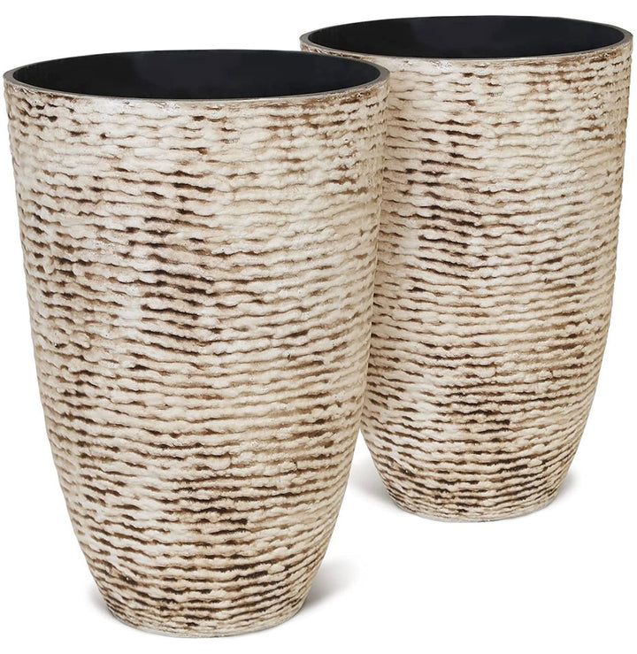 Worth Garden Set of 2 Tree 14 Inch Round Planters for Outdoor Plants 21'' Tall Flower Pots for Trees White Large indoor plant pots Imitation Stone Finish Indoor 9 Gallon Decorative Container Patio Deck Lightweight beige