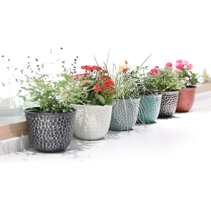 Worth Garden Plastic Planters Indoor Set of 6 Flower Plant Pots Retro Appearance Decorative Pot with Drainage & Rubber Plugs, Black 8'' Dia. x 6'' H.