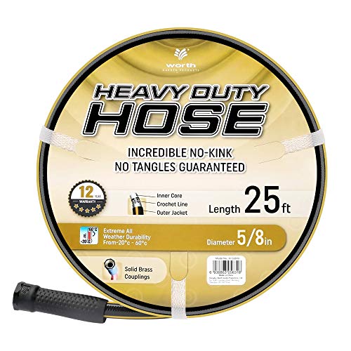 Worth® Heavy Duty Garden Water Hose 5/8" X 25 ft Durable PVC leader no kink hose female to female H155B10