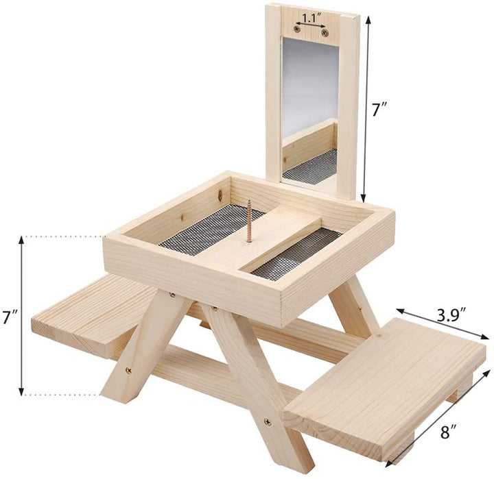 Solution4Patio Adorable Squirrel Feeder Picnic Table Shaped with Mirror, Corn Cob Holder and Snack Mesh Tray, for Fruit, Nuts, Peanut Butter Treats, Eay to Install