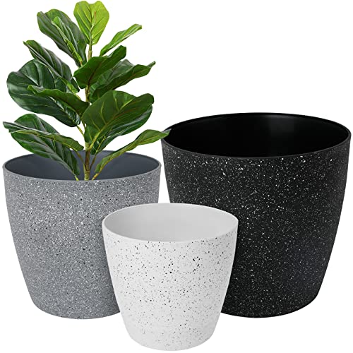 Worth® Garden Plastic Round Planters Plants Set of 3 Large Resin Flower Pots with Drainage Hole