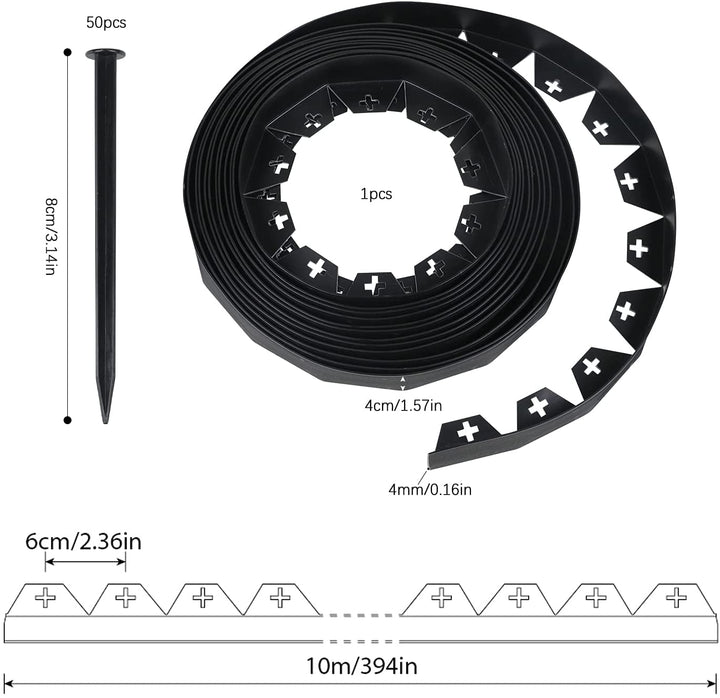 Worth Garden 30 ft. No Dig Landscape Edging (50PCS Spikes Included) Black Plastic Edging Roll Kit - 1.5'' Height Edge for Garden Lawn Border Driveway Path Divider - Easy to Install