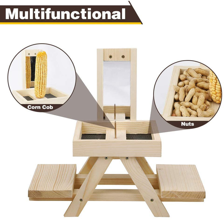 Solution4Patio Adorable Squirrel Feeder Picnic Table Shaped with Mirror, Corn Cob Holder and Snack Mesh Tray, for Fruit, Nuts, Peanut Butter Treats, Eay to Install