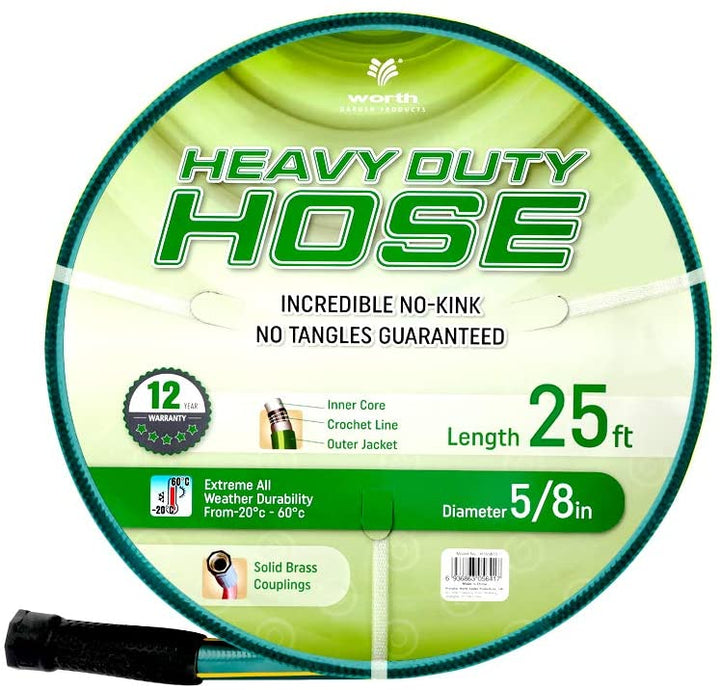 Worth® Heavy Duty Garden Water Hose 5/8" X 25 ft Durable PVC leader no kink hose female to female H155B14