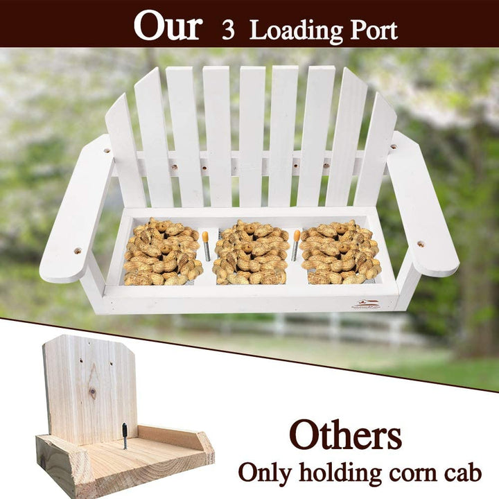 Solution4Patio White Bench Chair Chipmunk & Squirrel Feeders, Mesh Bottom, 2 Corn Cob Holders, Peanut or Acorn Loader, Solid Pine Wood, 13 in. L x 5.1 in. W x 8.3 in. H, Funny Gift & Deco