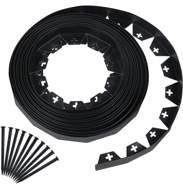 Worth Garden 30 ft. No Dig Landscape Edging (50PCS Spikes Included) Black Plastic Edging Roll Kit - 1.5'' Height Edge for Garden Lawn Border Driveway Path Divider - Easy to Install