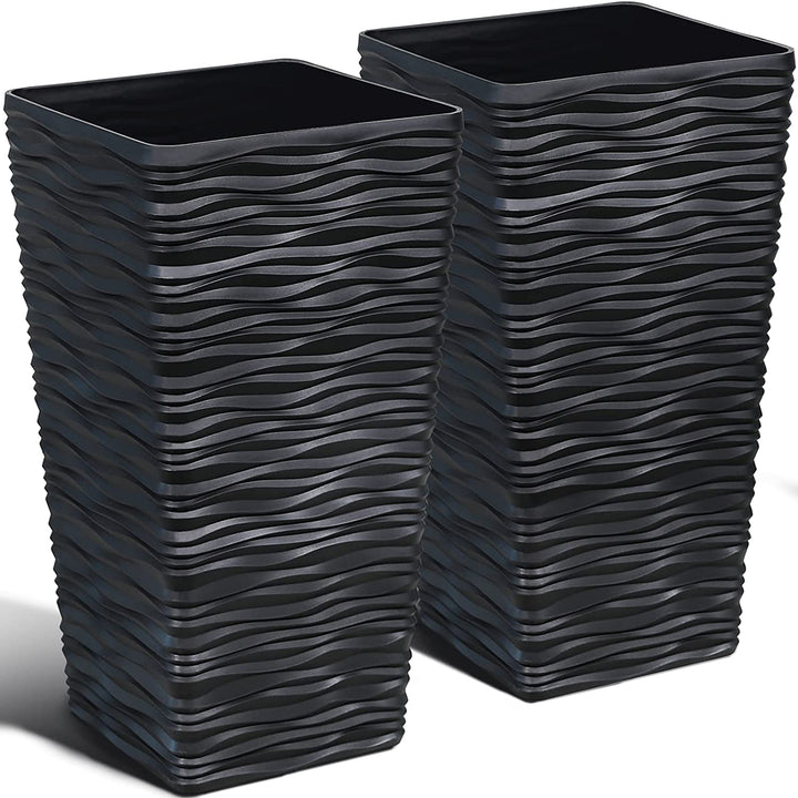 Worth Garden Tall Square Planters for Outdoor Plants Indoor Resin Tree Planter 22 Inch Large Plastic Flower Pots 2 Pack Front Porch Modern Matte Wavy Finish Decorative Black Containers Patio Deck