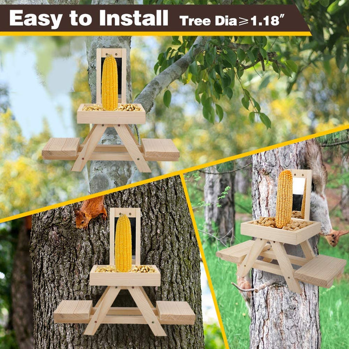 Solution4Patio Adorable Squirrel Feeder Picnic Table Shaped with Mirror, Corn Cob Holder and Snack Mesh Tray, for Fruit, Nuts, Peanut Butter Treats, Eay to Install