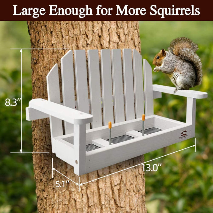 Solution4Patio White Bench Chair Chipmunk & Squirrel Feeders, Mesh Bottom, 2 Corn Cob Holders, Peanut or Acorn Loader, Solid Pine Wood, 13 in. L x 5.1 in. W x 8.3 in. H, Funny Gift & Deco