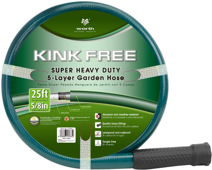 Worth® Heavy Duty Garden Water Hose 5/8" X 25 ft Durable PVC leader no kink hose female to female H155B37