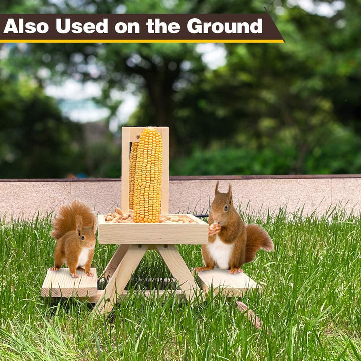 Solution4Patio Adorable Squirrel Feeder Picnic Table Shaped with Mirror, Corn Cob Holder and Snack Mesh Tray, for Fruit, Nuts, Peanut Butter Treats, Eay to Install