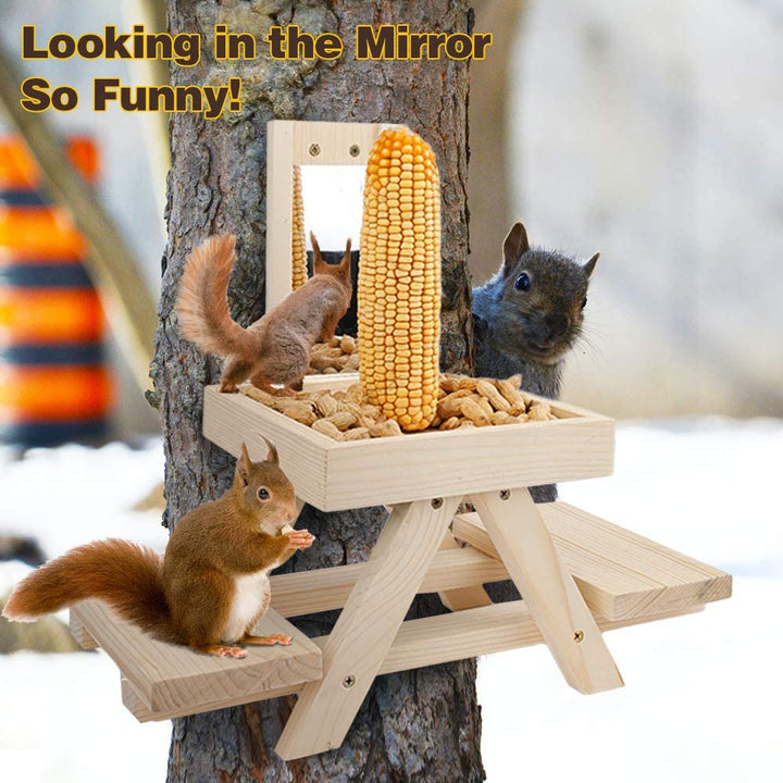 Solution4Patio Adorable Squirrel Feeder Picnic Table Shaped with Mirror, Corn Cob Holder and Snack Mesh Tray, for Fruit, Nuts, Peanut Butter Treats, Eay to Install