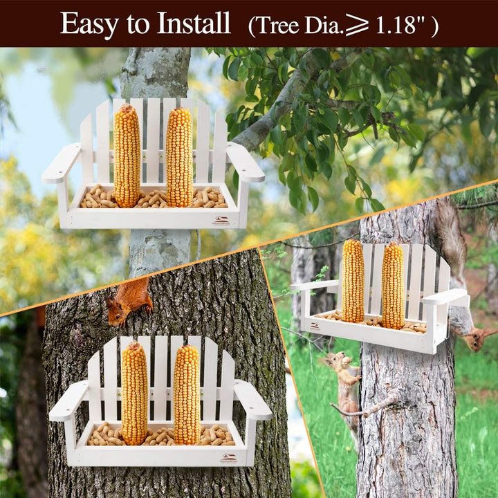 Solution4Patio White Bench Chair Chipmunk & Squirrel Feeders, Mesh Bottom, 2 Corn Cob Holders, Peanut or Acorn Loader, Solid Pine Wood, 13 in. L x 5.1 in. W x 8.3 in. H, Funny Gift & Deco