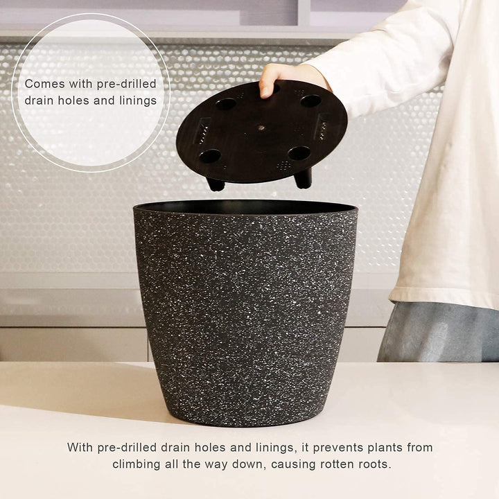 Worth® Garden Plastic Round Planters Plants Set of 3 Large Resin Flower Pots with Drainage Hole black