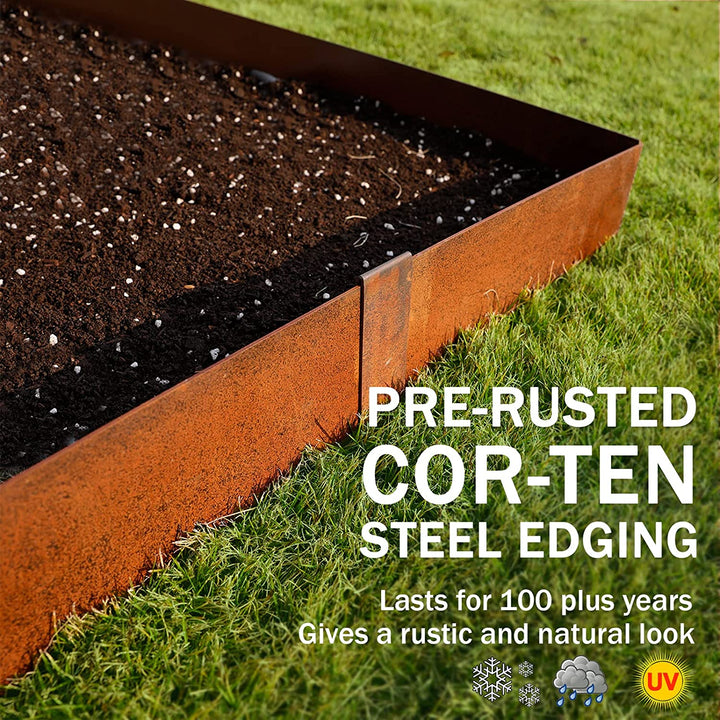 Worth Garden 3-Pack Pre-Rusted Cor-Ten Steel Landscape Edging - 40" L x 5.5" H Steel Strips - No-Dig Hammer-in Heavy Duty 14-Gauge Metal Corten Edging Border (10Ft Total) - 4 Clips & Gloves Included