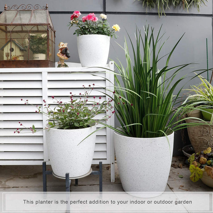 Worth® Garden Plastic Round Planters Plants Set of 3 Large Resin Flower Pots with Drainage Hole white