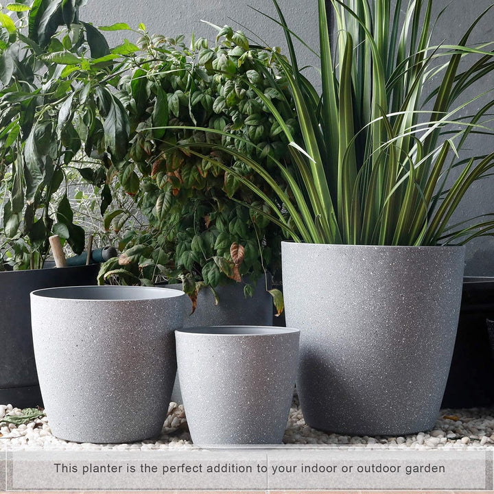 Worth® Garden Plastic Round Planters Plants Set of 3 Large Resin Flower Pots with Drainage Hole grey