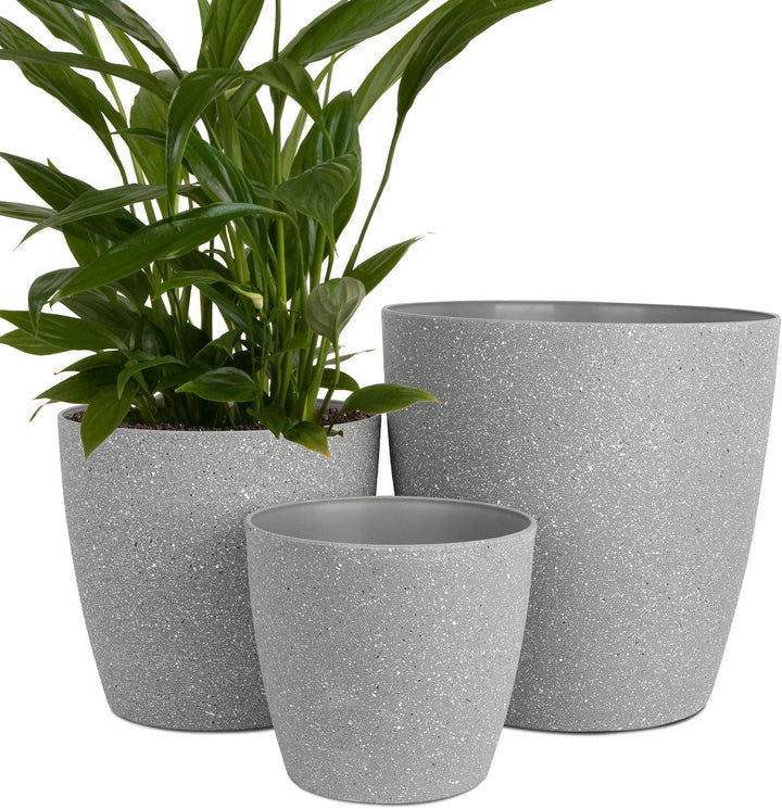 Worth® Garden Plastic Round Planters Plants Set of 3 Large Resin Flower Pots with Drainage Hole grey