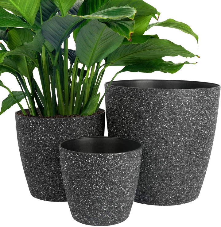 Worth® Garden Plastic Round Planters Plants Set of 3 Large Resin Flower Pots with Drainage Hole black