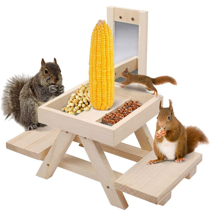 Solution4Patio Adorable Squirrel Feeder Picnic Table Shaped with Mirror, Corn Cob Holder and Snack Mesh Tray, for Fruit, Nuts, Peanut Butter Treats, Eay to Install