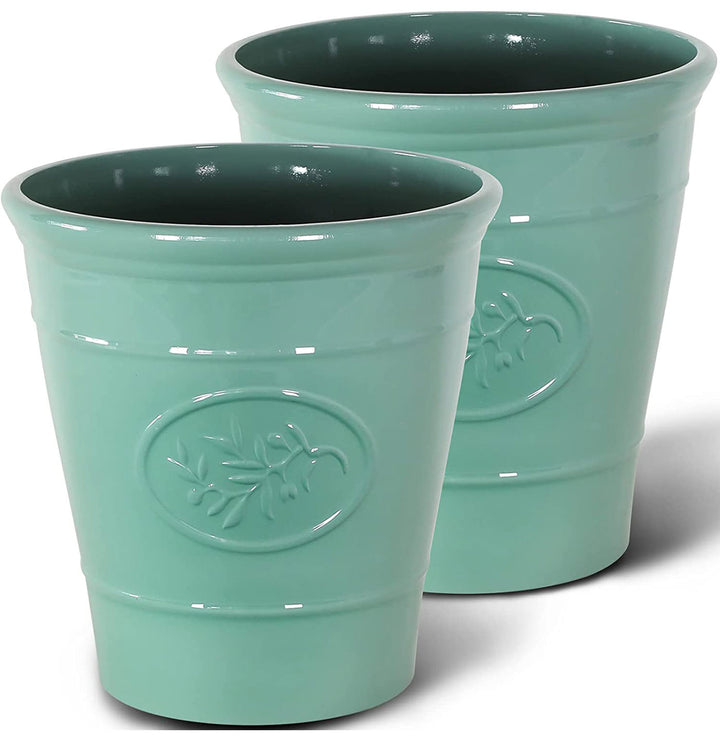 Worth Garden Round Planters for Indoor Plants Resin 12 Inches Large Glossy Finish green Plastic Flower Pots 2 Pack Outdoor Decorative 3 Gallon Containers Front Porch Home Patio Deck Unbreakable