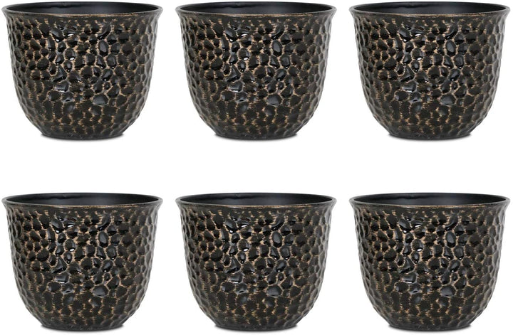 Worth Garden Plastic Planters, Indoor Set of 6 Flower Plant Pots Retro Appearance Decorative Pot with Drainage & Rubber Plugs, Black & Gold - 8'' Dia. x 6'' H.