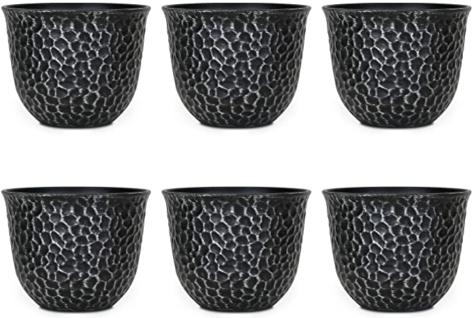 Worth Garden Plastic Planters Indoor Set of 6 Flower Plant Pots Retro Appearance Decorative Pot with Drainage & Rubber Plugs, Black 8'' Dia. x 6'' H.