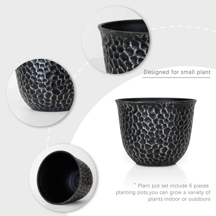 Worth Garden Plastic Planters Indoor Set of 6 Flower Plant Pots Retro Appearance Decorative Pot with Drainage & Rubber Plugs, Black 8'' Dia. x 6'' H.