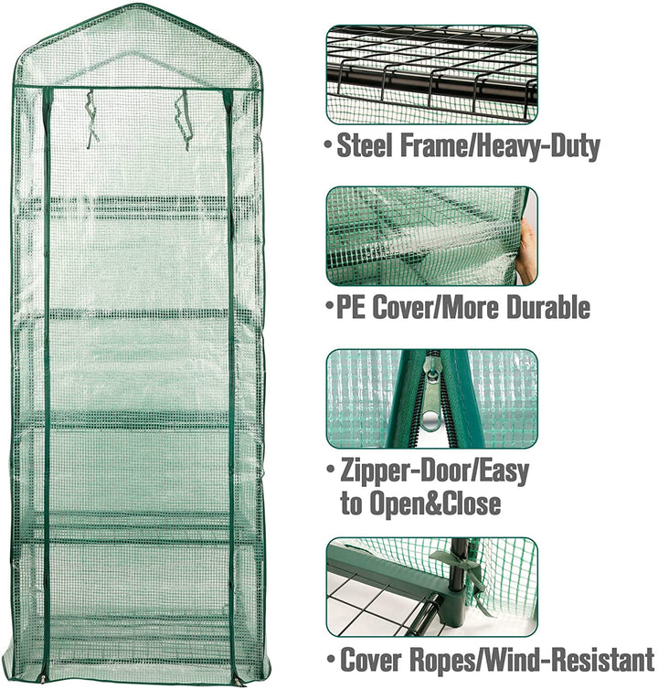 Worth Garden 5 Tier Mini Greenhouse - 75'' H x 27'' L x 19'' W - Sturdy Portable Gardening Shelves with Durable PE Cover w/ Roll-Up Zipper Door- Small Green House Indoor & Outdoor for Plants Flowers