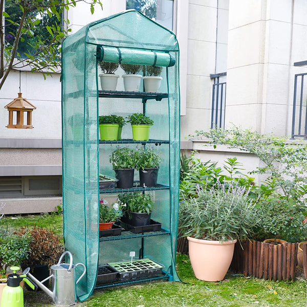 Worth Garden 5 Tier Mini Greenhouse - 75'' H x 27'' L x 19'' W - Sturdy Portable Gardening Shelves with Durable PE Cover w/ Roll-Up Zipper Door- Small Green House Indoor & Outdoor for Plants Flowers