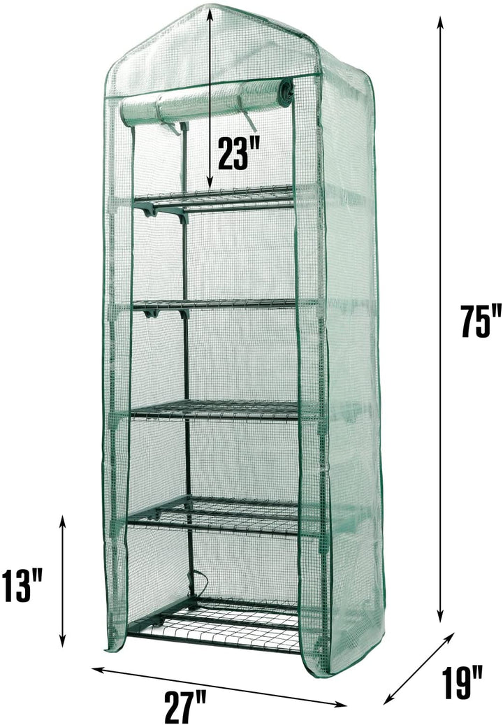 Worth Garden 5 Tier Mini Greenhouse - 75'' H x 27'' L x 19'' W - Sturdy Portable Gardening Shelves with Durable PE Cover w/ Roll-Up Zipper Door- Small Green House Indoor & Outdoor for Plants Flowers